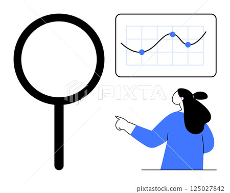 Woman pointing at a graph with a large search icon in a minimalist style. Ideal for business analytics, presentations, data review, search tools, and research themes. Black and blue colour scheme 125027842