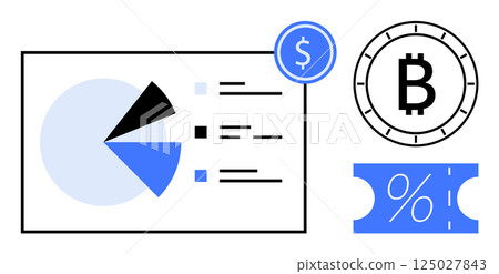 Pie chart with data categories, blue coin with dollar sign, Bitcoin symbol, percentage sign icon. Ideal for finance, cryptocurrency, data analysis, investment strategies, budgeting, revenue reports 125027843