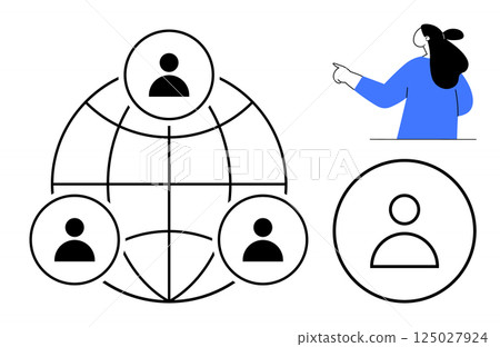 Person pointing towards a network of user icons connected globally. Minimalist design with a focus on connectivity and interaction. Ideal for technology, communication, social media, networking 125027924