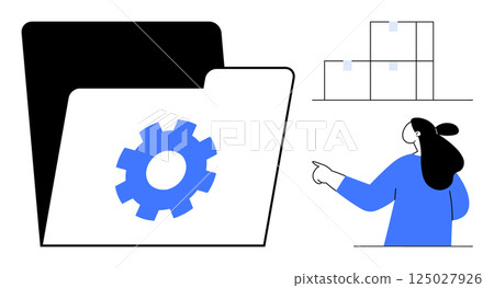 Gear icon on a large folder with a person pointing at a graph. Ideal for business organization, digital tools, project management, data analysis, and teamwork concepts. Modern flat style 125027926