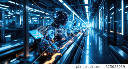 Robots Factory Futuristic Humanoid robots working on assembly line in futuristic factory illuminated with blue neon lights Robots Factory Futuristic Humanoid robots working on assembly line in futuristic factory illuminated with blue neon lights 125028039