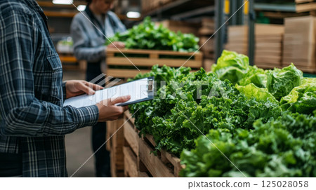 Worker Inspecting Fresh Lettuce in Storage Facility Worker Inspecting Fresh Lettuce in Storage Facility 125028058