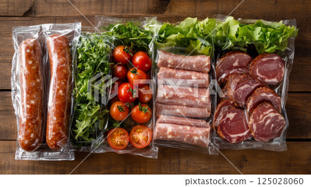 Assorted Packaged Meat and Fresh Vegetables on Display 125028060
