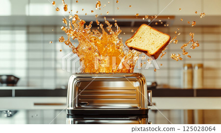 Toast and Coffee Splashing from Toaster in Dynamic Breakfast Scene 125028064