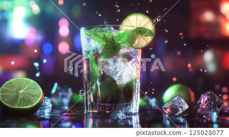 Refreshing Lime and Mint Cocktail with Ice and Splash Effects 125028077