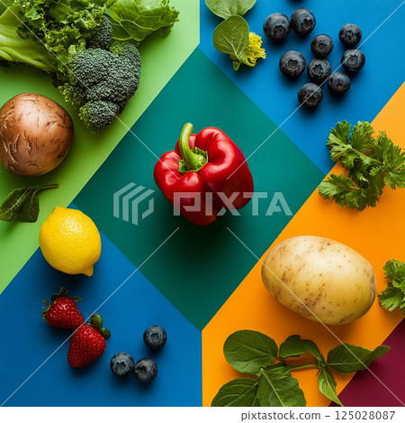 Colorful Fruits and Vegetables on Geometric Background 125028087