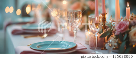 Vibrant outdoor table setting with colorful flowers 125028090