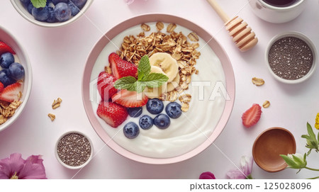 Fresh Yogurt Bowl with Fruits and Chia Seeds 125028096