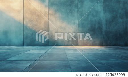 Contemporary Space with Textured Blue Wall and Sunlight 125028099