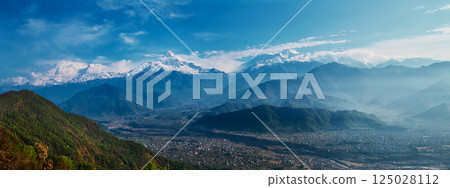 Panorama of Himalayas with Annapurna and Machhapuchhre (Fishtail) mountain peaks, Pokhara Nepal 125028112