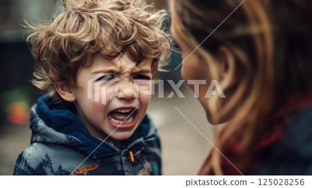 Portrait of offended little boy sitting with her mother 125028256