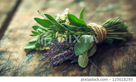 Rustic Herb Bundle with Lavender on Wooden Table 125028293