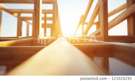 Interior View of Wooden Building Structure with Sunlight 125028295