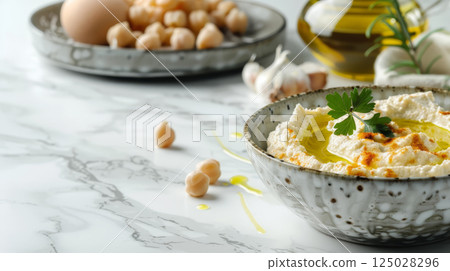 Traditional hummus with olive oil, parsley, and chickpeas. 125028296