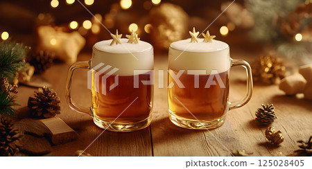 Holiday beer mugs with foam and festive decor 125028405