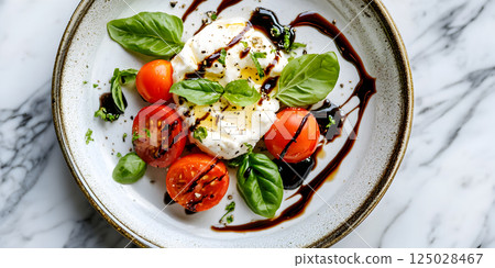 Fresh burrata salad with cherry tomatoes and balsamic 125028467