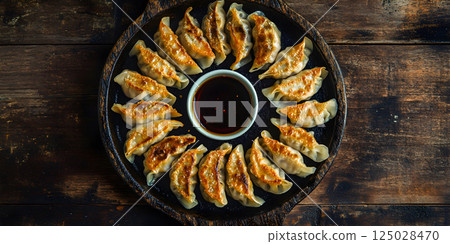 Pan-fried dumplings with soy dipping sauce 125028470