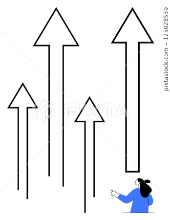 Black and white arrows pointing upwards with a person in blue pointing at them. Ideal for business growth, success, development, progress, and ambition. Simple, clean style Black and white arrows pointing upwards with a person in blue pointing at them. Ideal for business growth, success, development, progress, and ambition. Simple, clean style 125028539