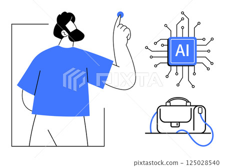 A person pointing towards an AI chip symbolizing advanced technology, accompanied by a connected bag. Ideal for technology, AI, innovation, smart devices, connectivity, future tech, education. Line A person pointing towards an AI chip symbolizing advanced technology, accompanied by a connected bag. Ideal for technology, AI, innovation, smart devices, connectivity, future tech, education. Line 125028540