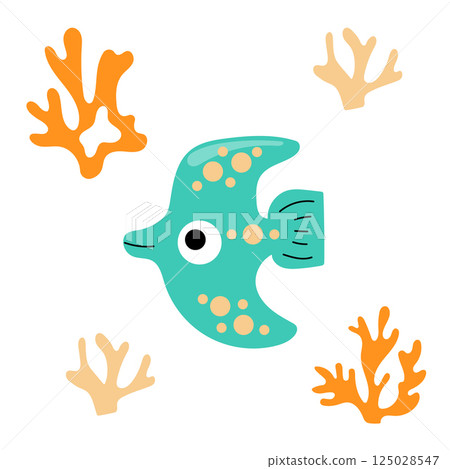 Single green cartoon fish illustration. 125028547