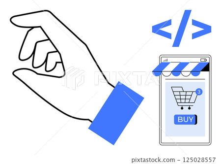 Depiction of a hand gesture and a smartphone shopping cart. Ideal for e-commerce, web development, online shopping, technology, and user interface design. Minimalist vector style Depiction of a hand gesture and a smartphone shopping cart. Ideal for e-commerce, web development, online shopping, technology, and user interface design. Minimalist vector style 125028557
