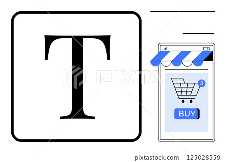 Large letter T on a white background with black border, and online shopping cart on smartphone. Ideal for ecommerce, digital marketing, mobile apps, online stores, retail industry. Simple modern Large letter T on a white background with black border, and online shopping cart on smartphone. Ideal for ecommerce, digital marketing, mobile apps, online stores, retail industry. Simple modern 125028559
