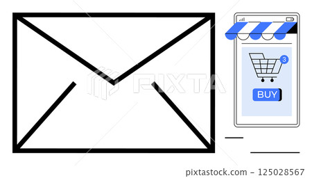 Envelope symbolizing email marketing next to a smartphone showing an online stores shopping cart, highlighting digital commerce. Ideal for online shopping, e-commerce, email marketing, mobile apps 125028567