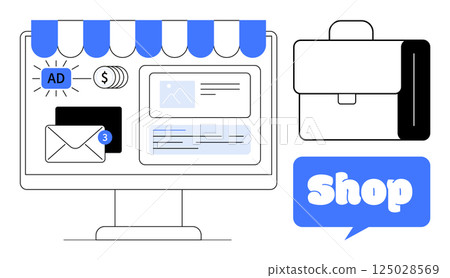 Digital storefront featuring a computer monitor with icons representing emails, advertisements, and payment. Ideal for online business, e-commerce, digital marketing, online shopping, and business Digital storefront featuring a computer monitor with icons representing emails, advertisements, and payment. Ideal for online business, e-commerce, digital marketing, online shopping, and business 125028569