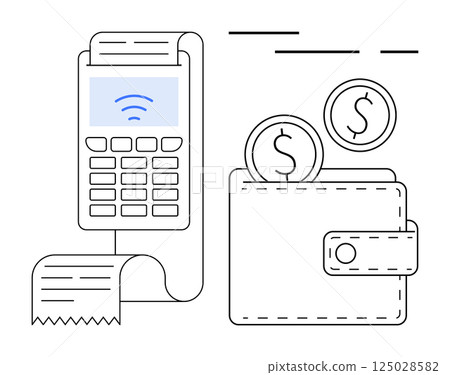 POS terminal with receipt, wallet with coins. Ideal for finance, banking, e-commerce, retail, digital payments, fintech, budgeting concepts. Banner for landing page POS terminal with receipt, wallet with coins. Ideal for finance, banking, e-commerce, retail, digital payments, fintech, budgeting concepts. Banner for landing page 125028582