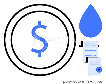 A blue dollar sign within a circle, a blue water droplet, and two documents with checkmarks. Ideal for finance, water conservation, bill payments, environmental awareness, and investment themes 125028583