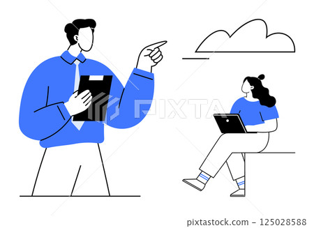 Business professional pointing while discussing with a colleague using a laptop. Ideal for teamwork, communication, project planning, office discussions, online meetings, work collaboration 125028588