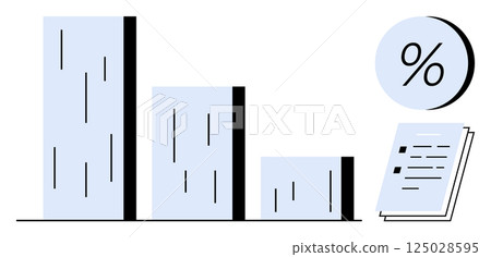 Bar chart decreasing in height, percentage symbol and document with lines. Ideal for business reports, financial analysis, data trends, survey results, academic research, performance metrics 125028595