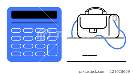 Calculator with blue and black buttons beside a briefcase on a minimalistic surface. Ideal for finance, accounting, business administration, office work, productivity tools, financial planning 125028609