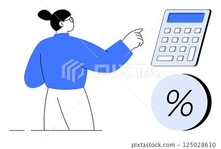 Businessperson points at large calculator beside percentage symbol. Ideal for finance, accounting, budgeting, financial planning, education, cost analysis, data presentation. Line metaphor 125028610