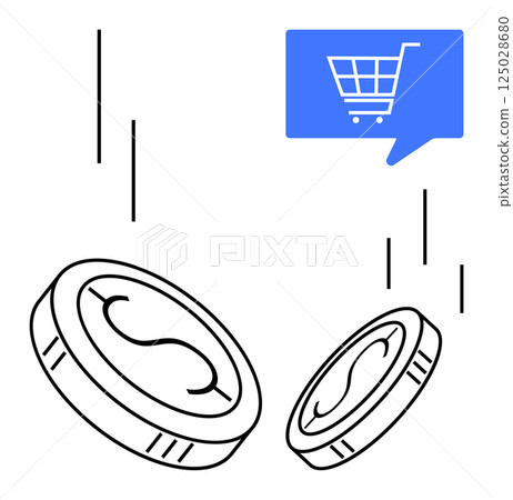 Falling coins accompanied by a blue shopping cart icon in a speech bubble. Ideal for e-commerce, digital payment, online shopping, financial technology, budget management, virtual currencies 125028680