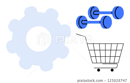 A large gear, a shopping cart, and blue dumbbells are shown. Ideal for fitness, commerce, technology, shopping, and engineering themes. Simple vector style with a minimalist approach highlighting 125028747