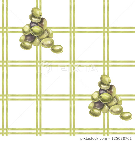 Green checkered seamless pattern with olives bunch watercolor illustration. Hand drawn abstract geometric background with Greek salad ingredient clipart for kitchen and home textile, fabric design Green checkered seamless pattern with olives bunch watercolor illustration. Hand drawn abstract geometric background with Greek salad ingredient clipart for kitchen and home textile, fabric design 125028761