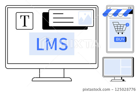 Monitor displaying Learning Management System with text and multimedia elements alongside a shopping cart on mobile device and a window representing responsive layout design. Ideal for online Monitor displaying Learning Management System with text and multimedia elements alongside a shopping cart on mobile device and a window representing responsive layout design. Ideal for online 125028776