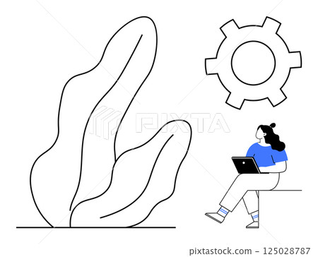 Individual working on a laptop beside a huge abstract plant and a gear symbol. Ideal for productivity, work-life balance, home office, technology, nature integration, minimalist design, modern 125028787