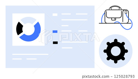 Pie chart with three segments, data listings, briefcase with tangled cables, and gear icon. Ideal for business analysis, project management, workflow optimization, technical settings, business 125028793