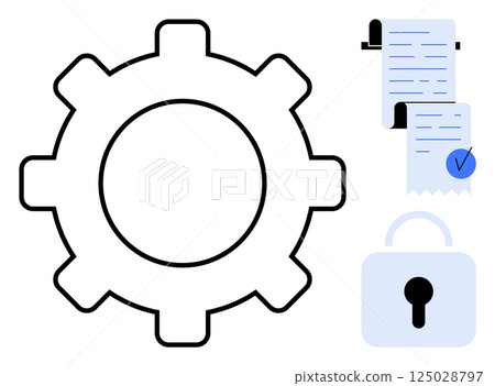 Large black gear icon beside two blue documents with check marks and a padlock symbol. Ideal for themes of security, privacy, settings, compliance, and documentation. Simple flat design Large black gear icon beside two blue documents with check marks and a padlock symbol. Ideal for themes of security, privacy, settings, compliance, and documentation. Simple flat design 125028797