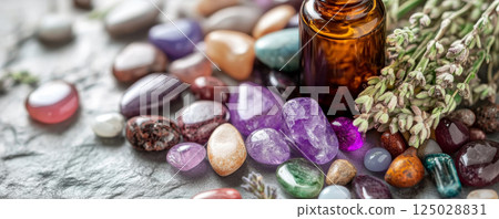 Gemstones in Wooden Bowl with Essential Oils 125028831