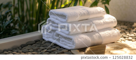 Freshly folded white towels in serene spa setting with greenery 125028832