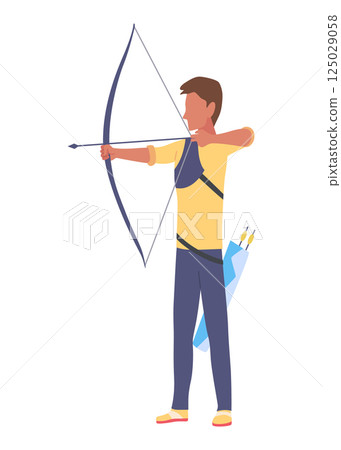 Archery practice or training. Successfully hitting the target. Male archer with bow and arrow aiming at target. Vector artwork depict success, achievement or accomplishment 125029058