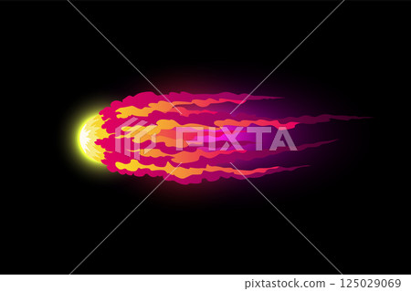Speed effect cartoon vfx. Comic line blaster shot. Energy fire flame light. Neon color, asteroid flying rock. Flash lightning motion. Fantasy vector element 125029069