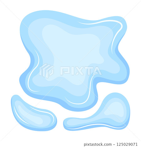Water spill puddle. Blue liquid shape in flat cartoon style. Clean fluid drop design element isolated on white background 125029071