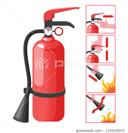Fire extinguisher instruction. Fire prevention and extinguishing tips. Safety Information, poster or banner for website. Cartoon flat vector illustrations isolated on blue background 125029072