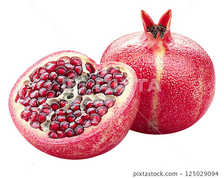 Juicy pomegranate cut in half, revealing vibrant red arils.  A perfect image for healthy food,  nutrition, or abundance concepts. 125029094