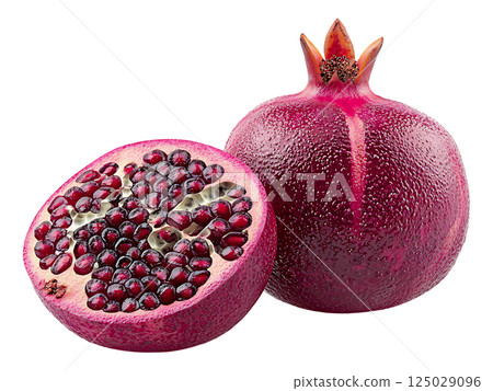 Juicy pomegranate, halved and whole, showcasing vibrant red arils.  A symbol of abundance and health, perfect for food, wellness, or autumn themes.  Ideal for websites, blogs, and magazines. Juicy pomegranate, halved and whole, showcasing vibrant red arils.  A symbol of abundance and health, perfect for food, wellness, or autumn themes.  Ideal for websites, blogs, and magazines. 125029096