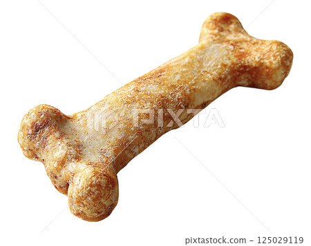 Closeup of a single, deliciouslooking dog biscuit shaped like a bone.  Perfect for pet food packaging, veterinary websites, or blog posts about pet care.  The texture and color suggest a tasty treat. 125029119